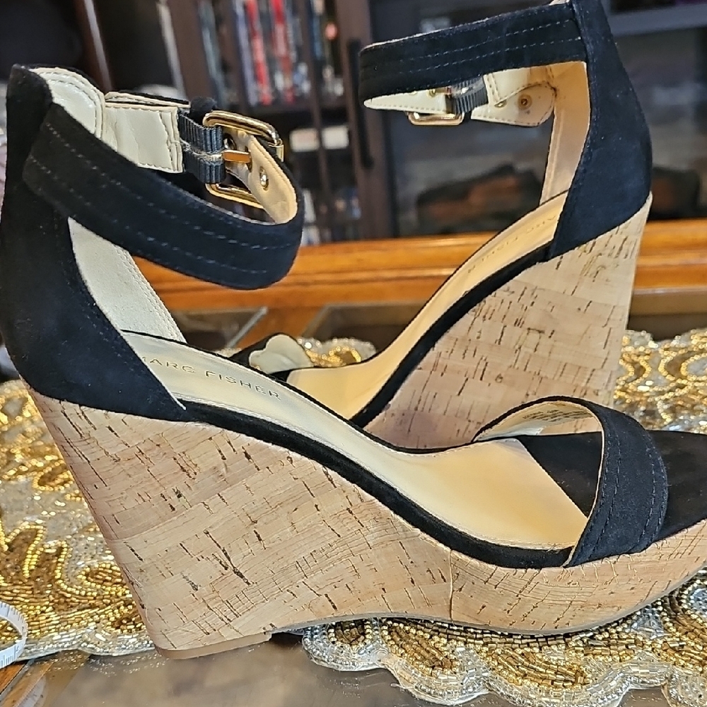 Marc Fisher Black and Natural Cork Wedges - Picture 6 of 11